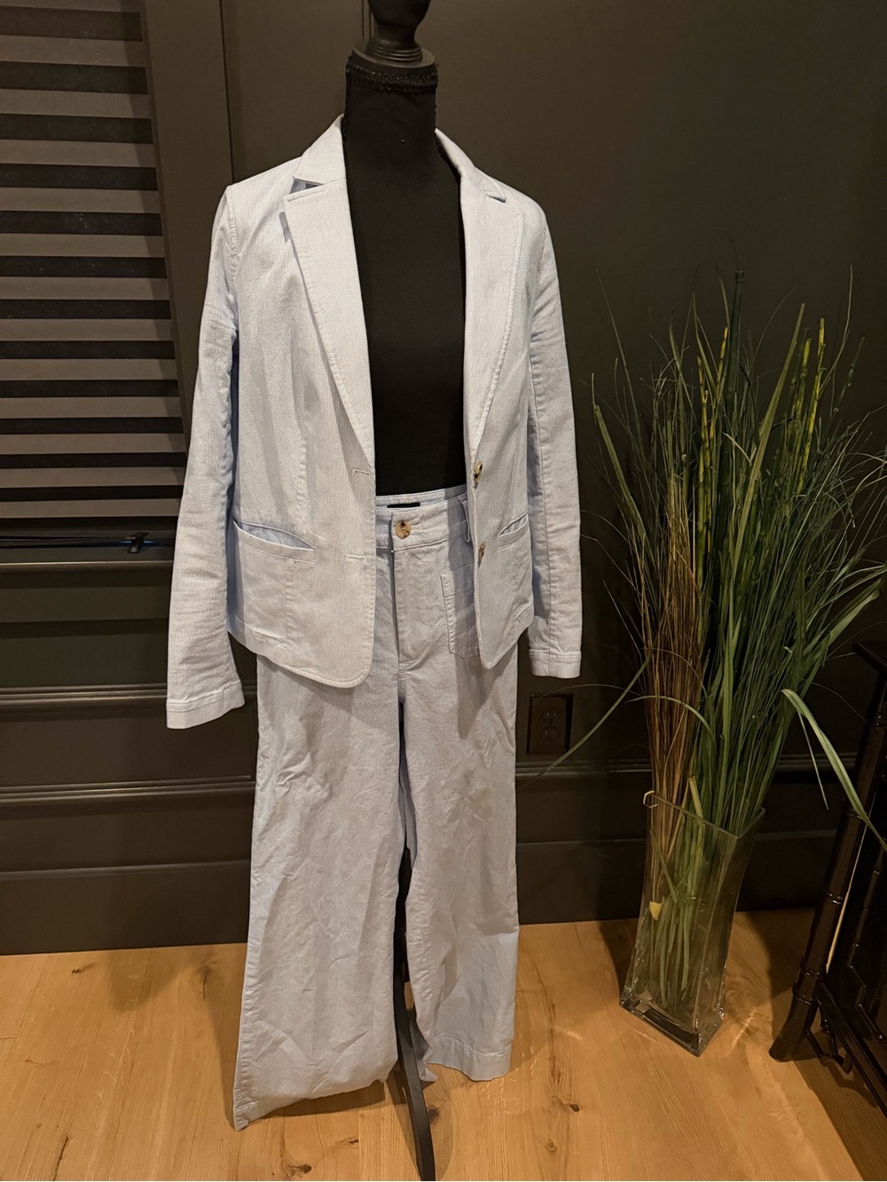 J. Crew Factory Light Blue Seersucker Pantsuit Blazer & Wide-Leg Pants